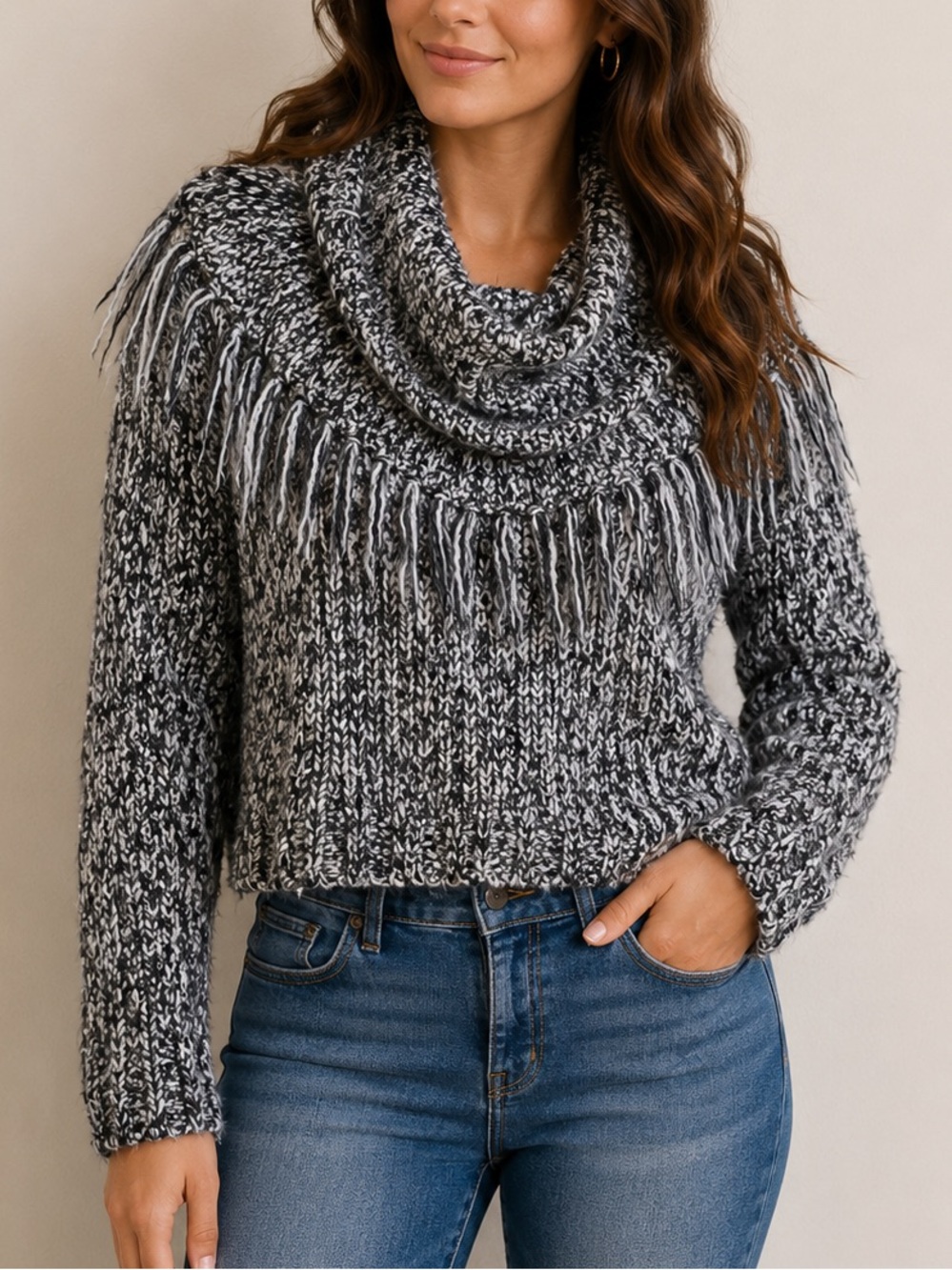 Mac & Jac Fringe Cowl Neck Knit Sweater Women’s Large Grey Black Marled